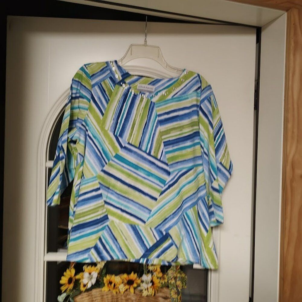 New Alfred Dunner Green Blue Key Items 3/4 Sleeve Top Size Women's Petite L